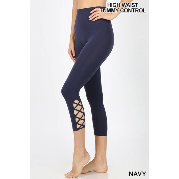 NWT!! Ash Gray Lattice-Hem High Waist Seamless Leggings - Picture 7 of 9